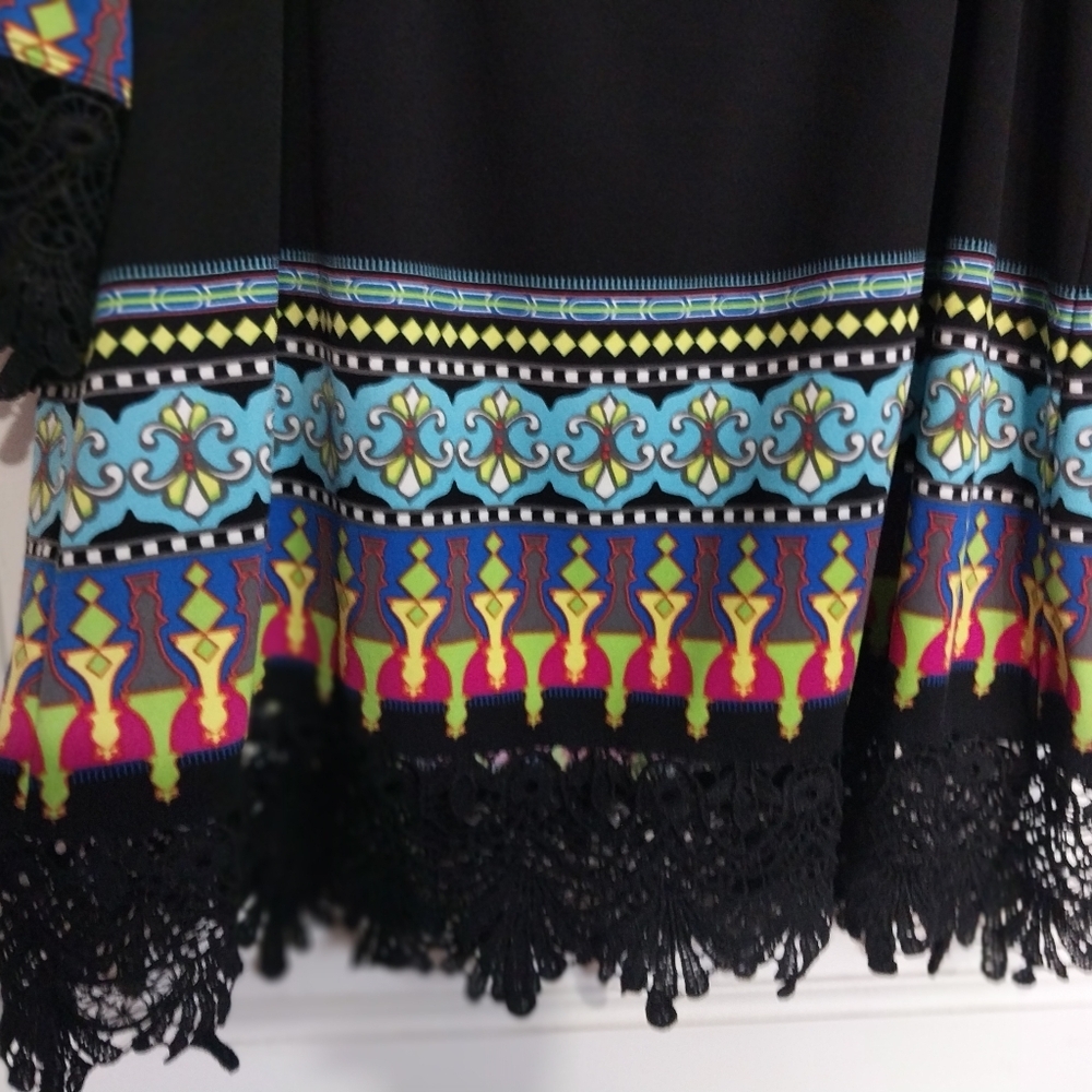 Ali Miles Black Tunic with Multicolor Geometric Trim and Crochet Hem - Picture 12 of 15
